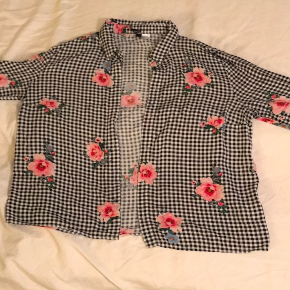 Plaid button down shirt with flowers